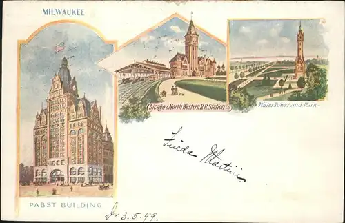 Milwaukee Wisconsin Pabst Building Chicago North Western Station Water Tower and Park Litho Kat. Milwaukee