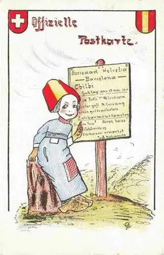 AK / Ansichtskarte BARCELONA Cataluna ES Sociedad Helvetia Offizielle Postkarte Festplatz Ruetli Stempel Kuenstlerkarte