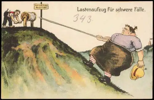 Ansichtskarte  Scherzkarte Lastenaufzug für schwere Fälle. Mann Frau 1913